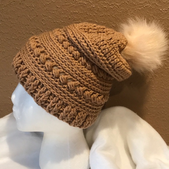 Handmade Accessories - Hand Crocheted Slouchy Hat/Faux Fur Pom Pom